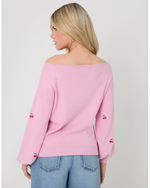 Threadbare Pink Cherry Embroidery Slash Neck Jumper