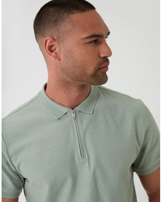 Threadbare Green Textured Quarter Zip Polo Shirt for men