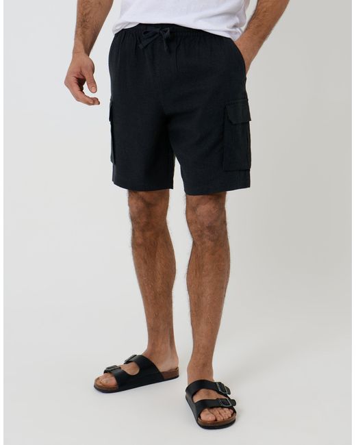 Threadbare Black Linen Blend Cargo Shorts for men