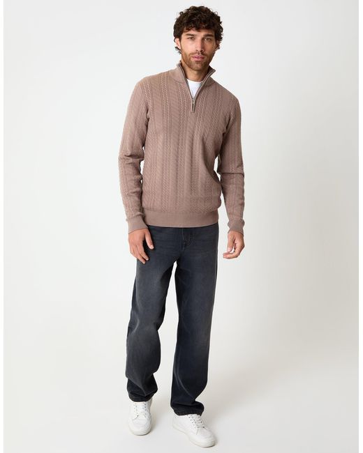 Threadbare Natural Cable Knit Quarter Zip Jumper for men