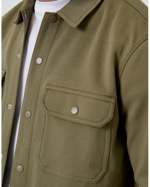 Threadbare Green Pique Popper Fastening Shacket for men