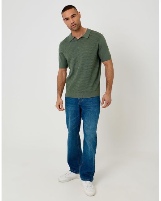 Threadbare Green Textured Knit Front Trophy Neck Polo for men