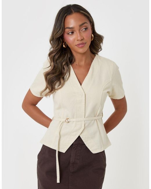 Threadbare White Denim Belted Short Sleeve Top