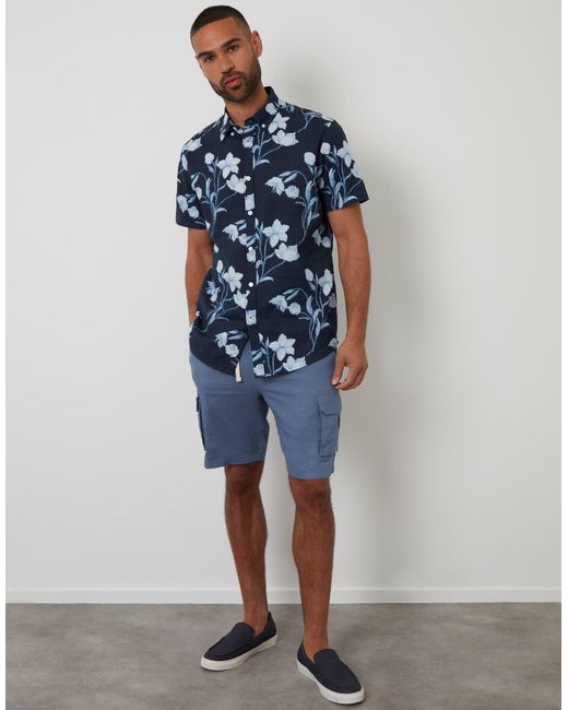 Threadbare Blue Floral Print Button Down Collar Short Sleeve Shirt for men