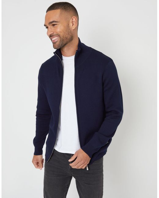 Threadbare Blue Zip-Through Funnel Neck Knitted Cardigan for men