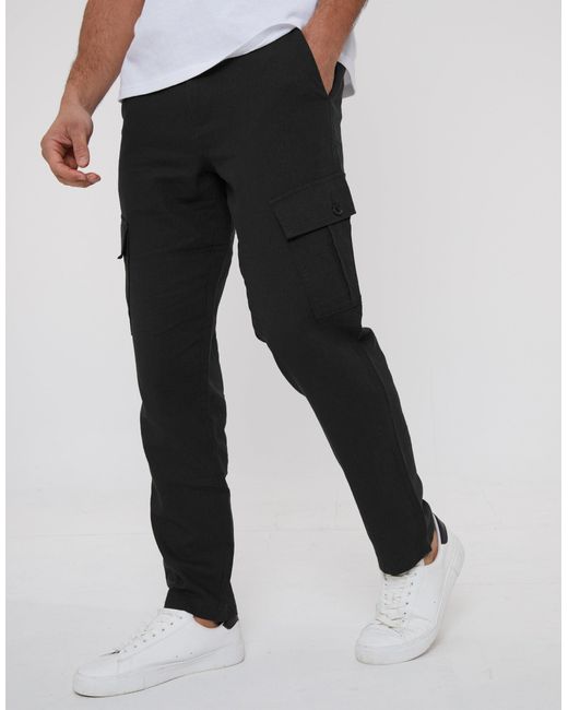 Threadbare Black Linen Blend Cargo Trousers for men