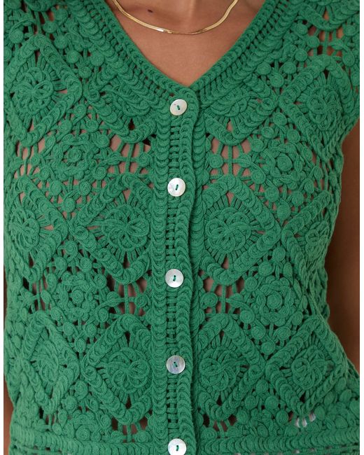 Threadbare Green Crochet Button Up Vest
