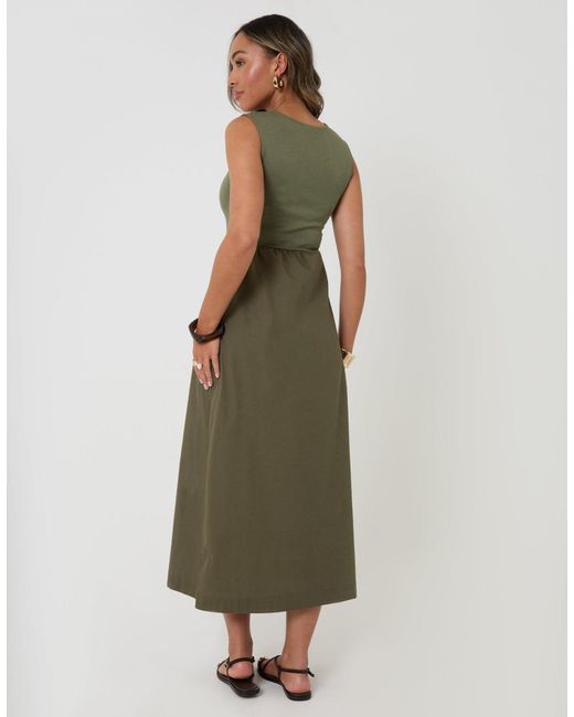 Threadbare Green Twist Detail 2-In-1 Midi Dress With Poplin Skirt