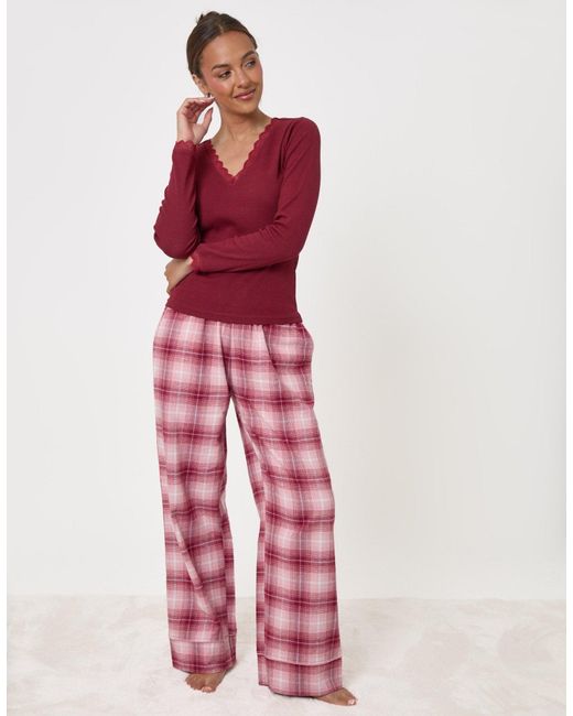 Threadbare Red Petite V Neck Top & Flannel Bottoms Pyjama Set