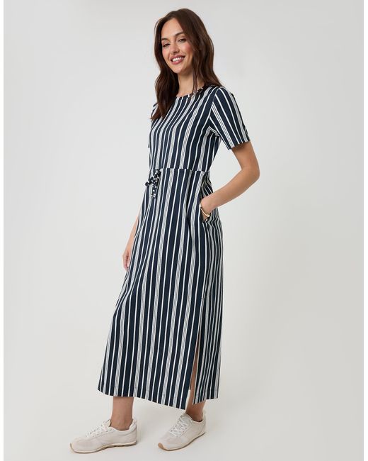 Threadbare Blue Drawstring Waist Side Split Cotton Jersey Midi Dress