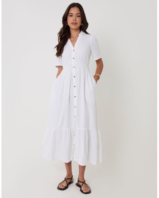 Threadbare White Tiered Linen Blend V Neck Maxi Dress