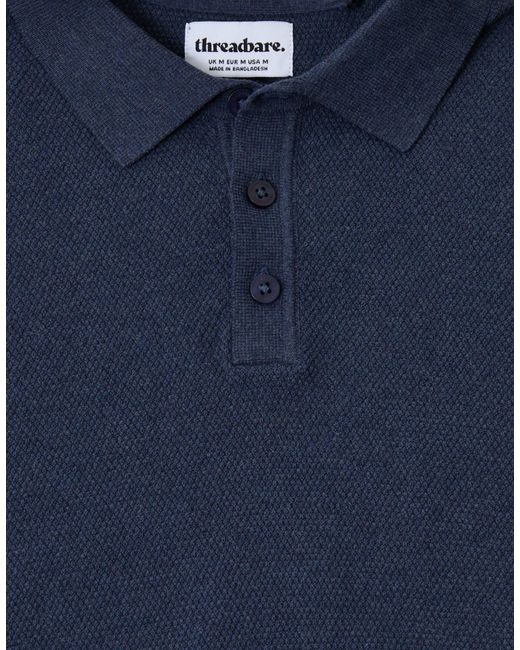 Threadbare Blue Moss Stitch Knitted Polo for men