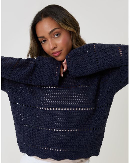 Threadbare Blue Pointelle Knit Crew Neck Jumper