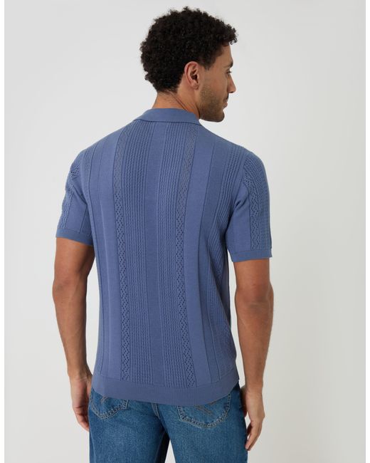 Threadbare Blue Textured Stripe Knitted Polo for men