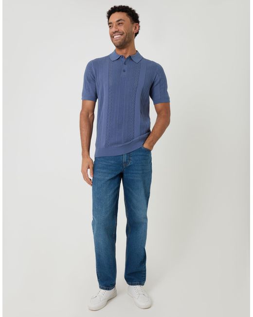Threadbare Blue Textured Stripe Knitted Polo for men