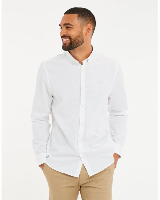 Threadbare White Long Sleeve Linen Blend Shirt for men