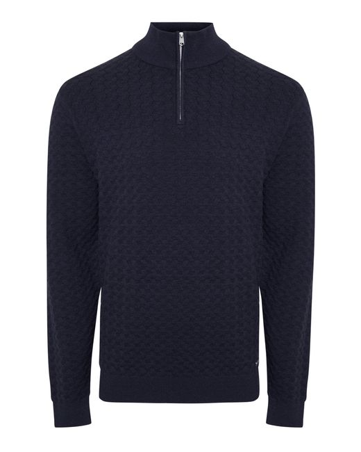 Threadbare Blue Textured Cable Knit Quarter Zip Jumper for men