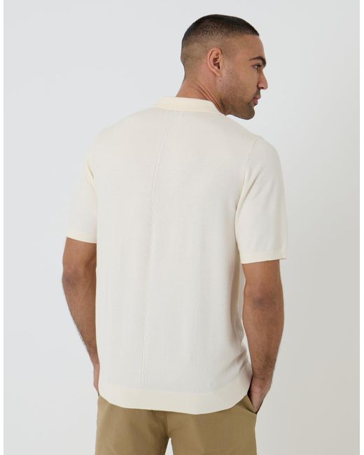 Threadbare White Cable Knit Quarter Zip Polo for men
