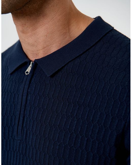 Threadbare Blue Textured Knit Quarter Zip Polo for men