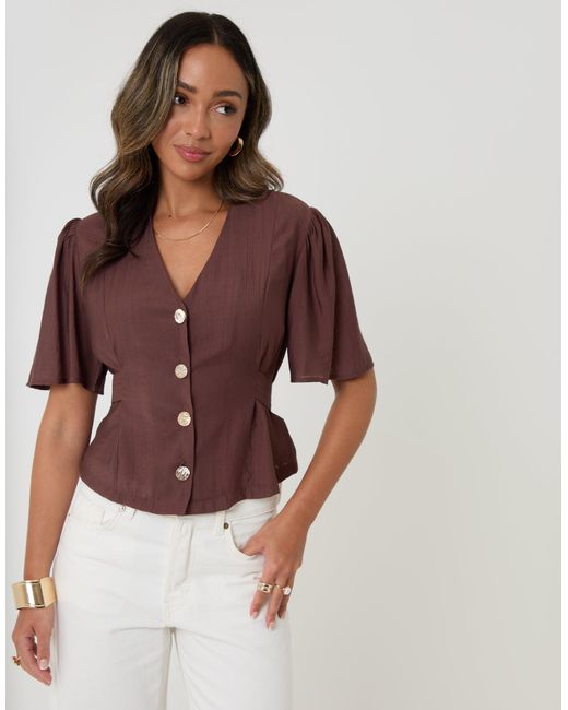 Threadbare Brown Flutter Sleeve Tie-Back Top