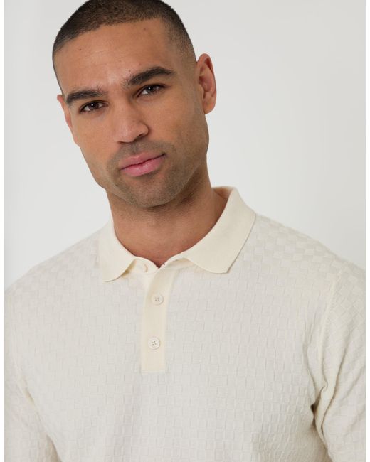 Threadbare White Basket Stitch Knitted Polo for men