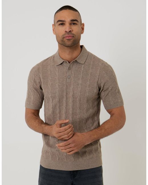 Threadbare Brown Cable Stripe Knitted Button Polo for men