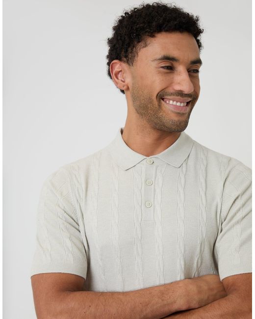 Threadbare White Cable Stripe Knitted Button Polo for men