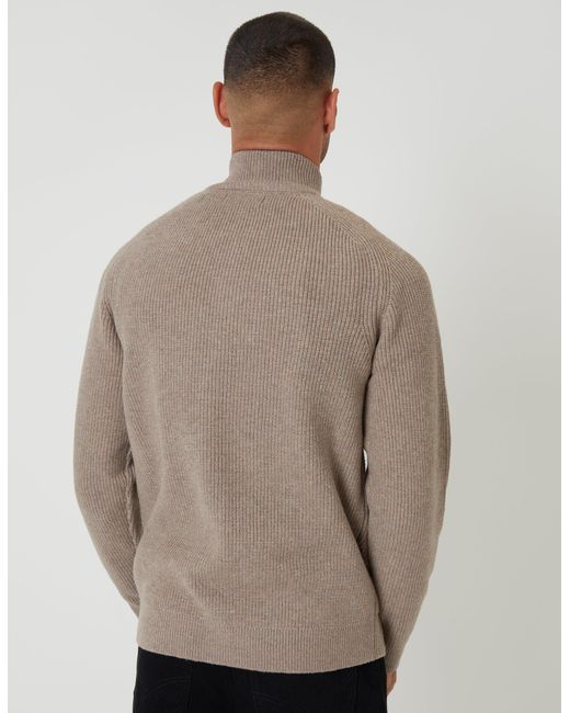 Threadbare Brown Rib Panel Quarter Zip Knitted Jumper for men