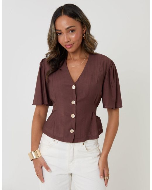 Threadbare Brown Flutter Sleeve Tie-Back Top
