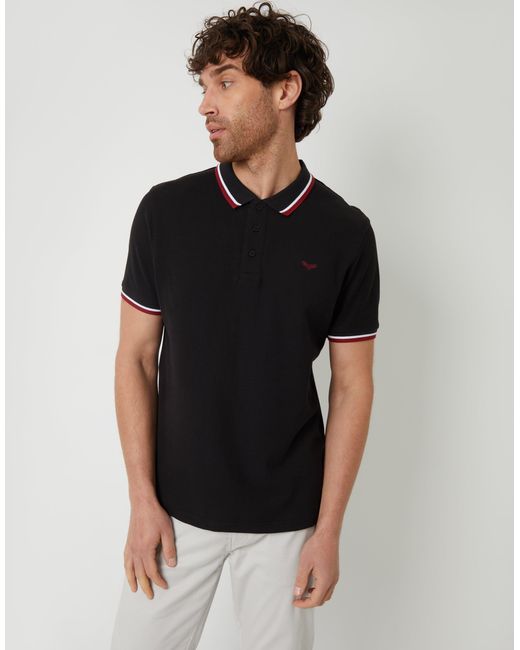 Threadbare Black Herringbone Tipping Detail Pique Polo Shirt for men
