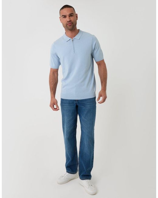 Threadbare White Quarter Zip Knitted Polo for men