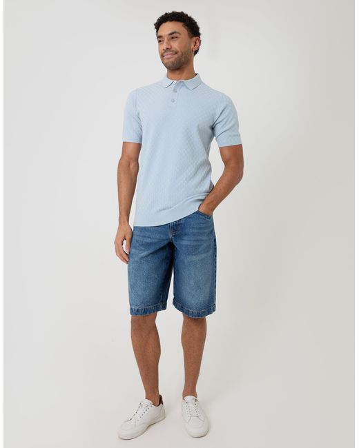 Threadbare Blue Basket Stitch Knitted Polo for men