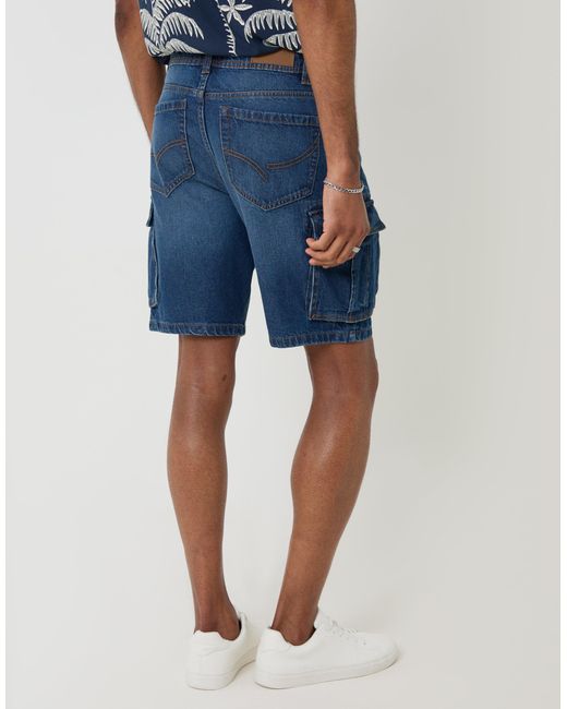 Threadbare Blue Regular Fit Denim Cargo Shorts for men