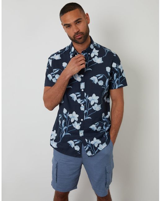 Threadbare Blue Floral Print Button Down Collar Short Sleeve Shirt for men