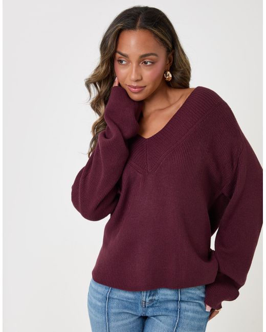 Threadbare Purple The Everyday Deep Rib V-Neck Jumper