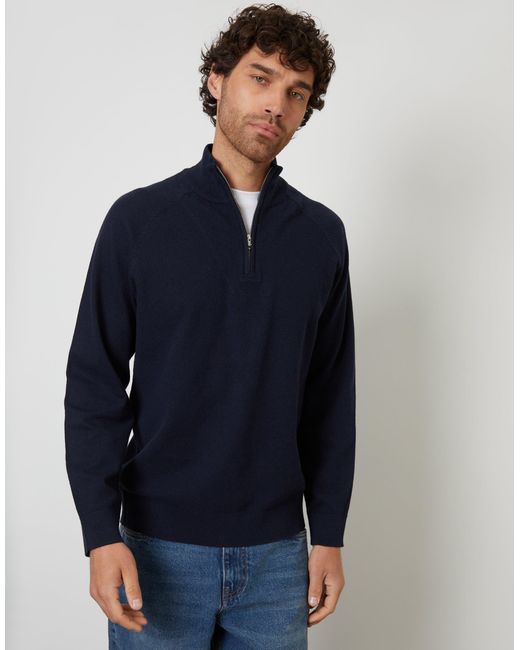 Threadbare Blue Mock Tee Textured Knit Quarter Zip Jumper for men