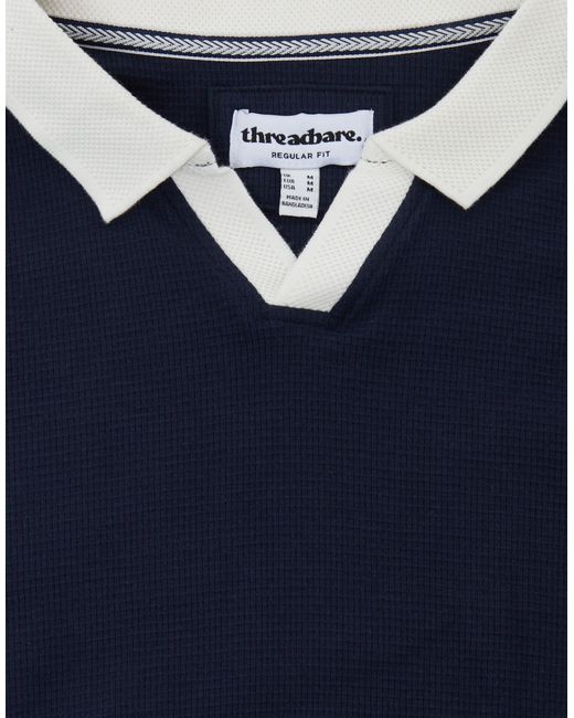 Threadbare Blue Trophy Neck Waffle Polo Shirt for men