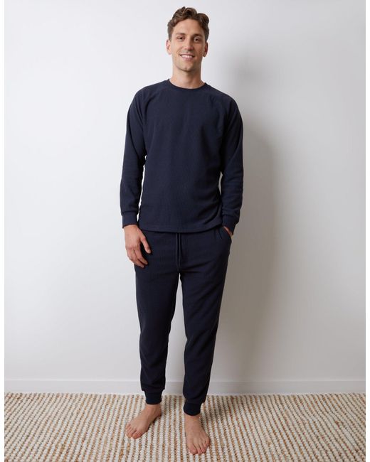 Threadbare Blue Waffle Textured Fleece Loungewear Set for men