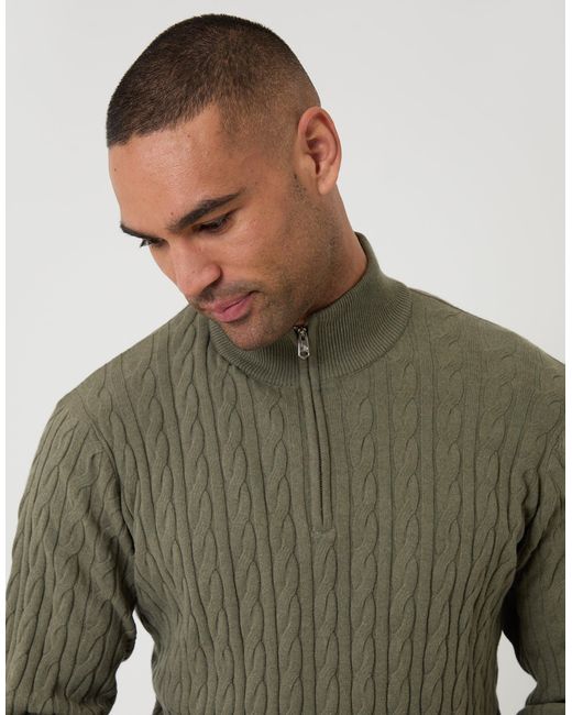 Threadbare Green Cable Knit Quarter Zip Jumper for men