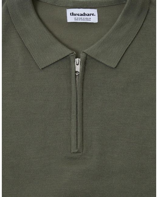 Threadbare Green Quarter Zip Knitted Polo for men