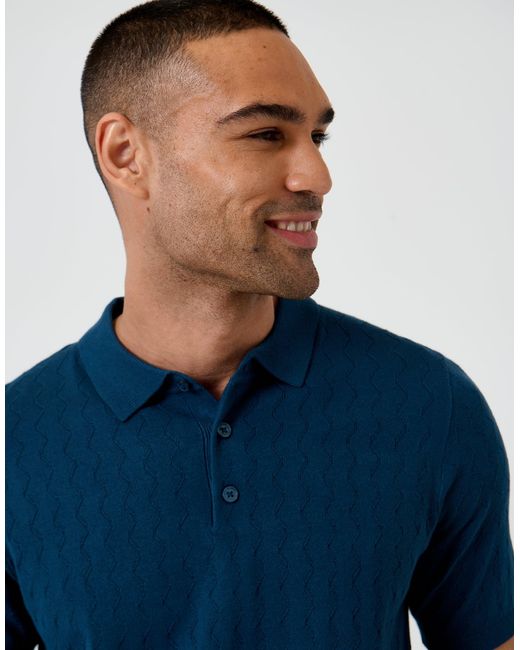 Threadbare Blue Zig Zag Stitch Knitted Polo for men