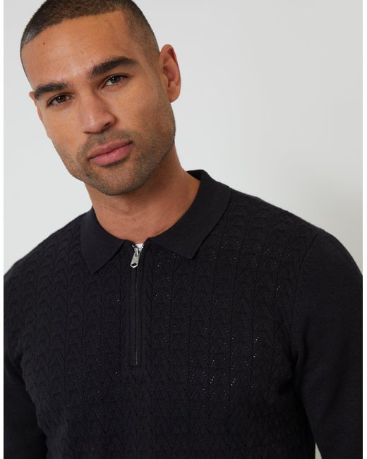 Threadbare Blue Textured Knit Quarter Zip Polo Jumper for men