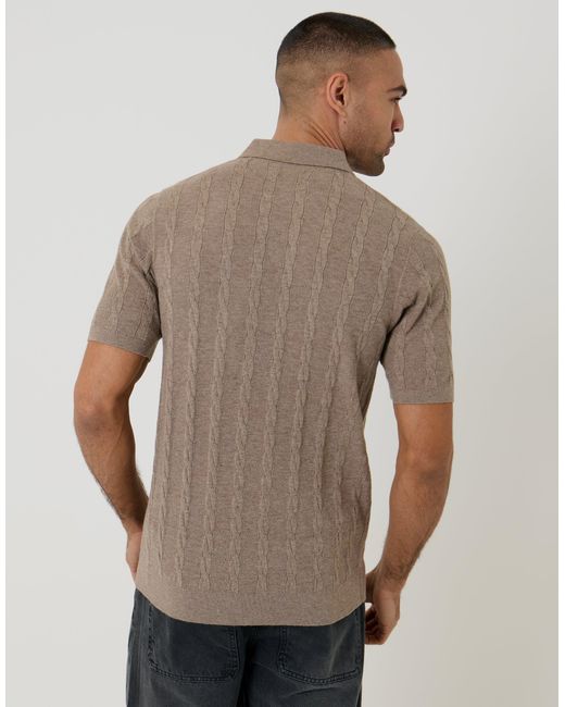 Threadbare Brown Cable Stripe Knitted Button Polo for men