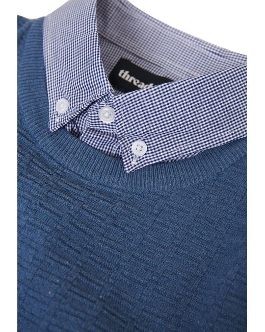 Threadbare Blue Mock Shirt Textured Knitted Jumper for men