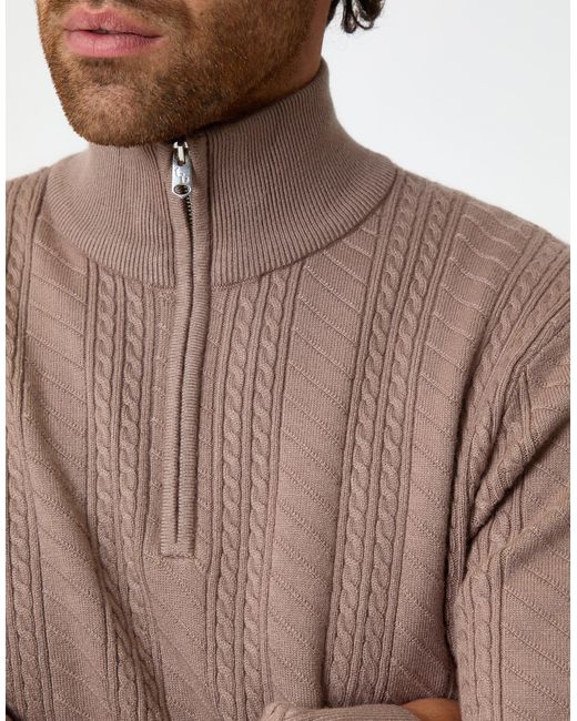 Threadbare Natural Cable Knit Quarter Zip Jumper for men
