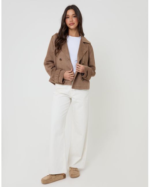 Threadbare Brown Suedette Cropped Trench Coat