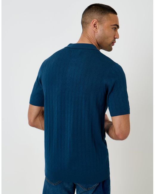 Threadbare Blue Zig Zag Stitch Knitted Polo for men