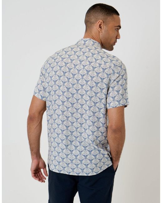 Threadbare Blue Linear Leaf Print Short Sleeve Shirt for men