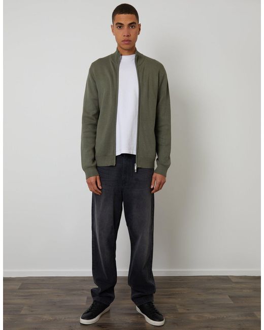 Threadbare Green Zip-Through Funnel Neck Knitted Cardigan for men
