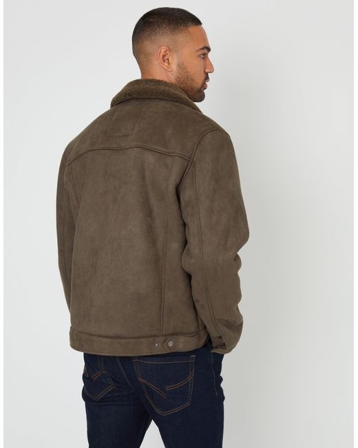 Threadbare Brown Faux Suede Borg Lined Aviator Jacket for men